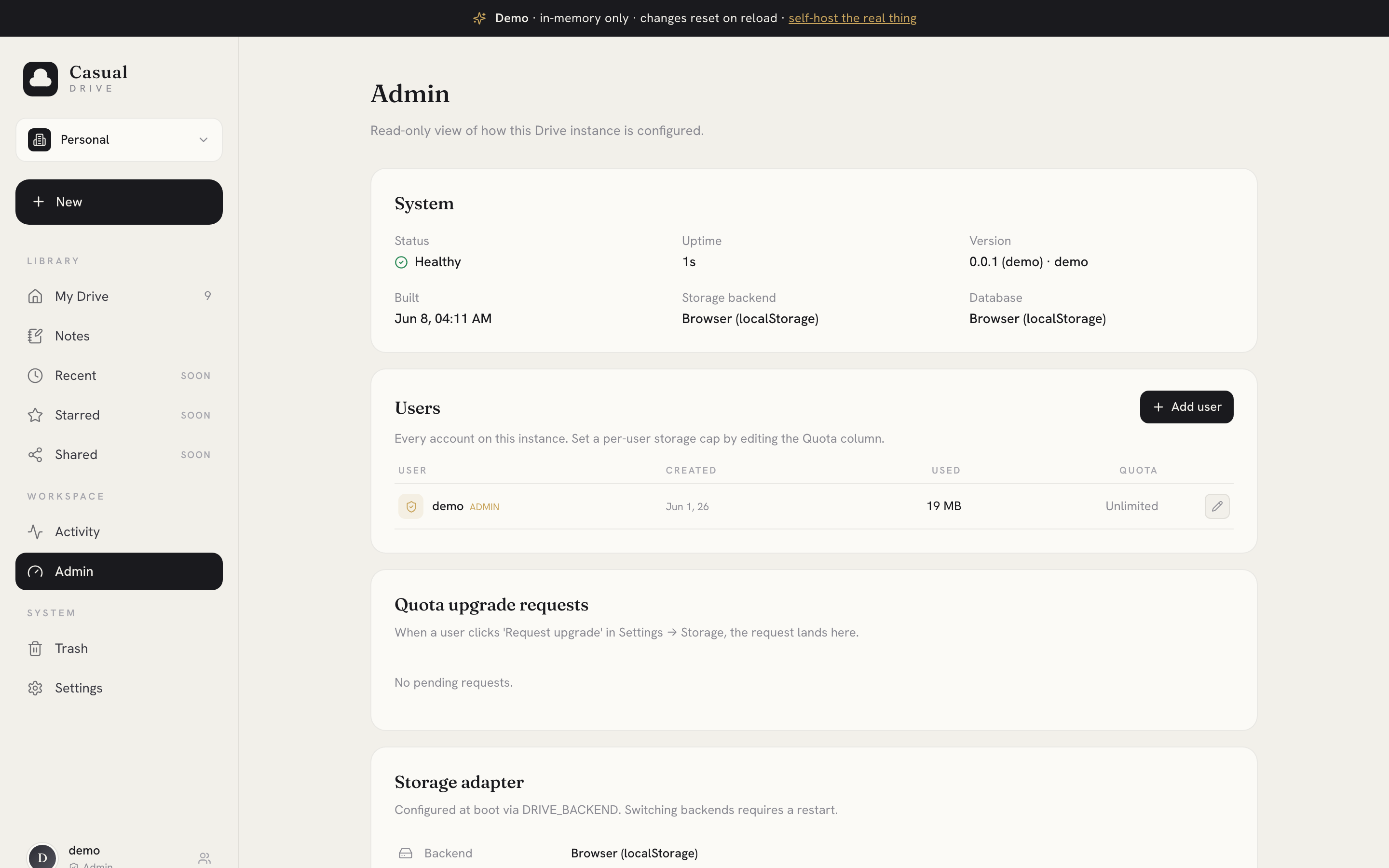 Admin → Users surface — users table with per-user quota controls