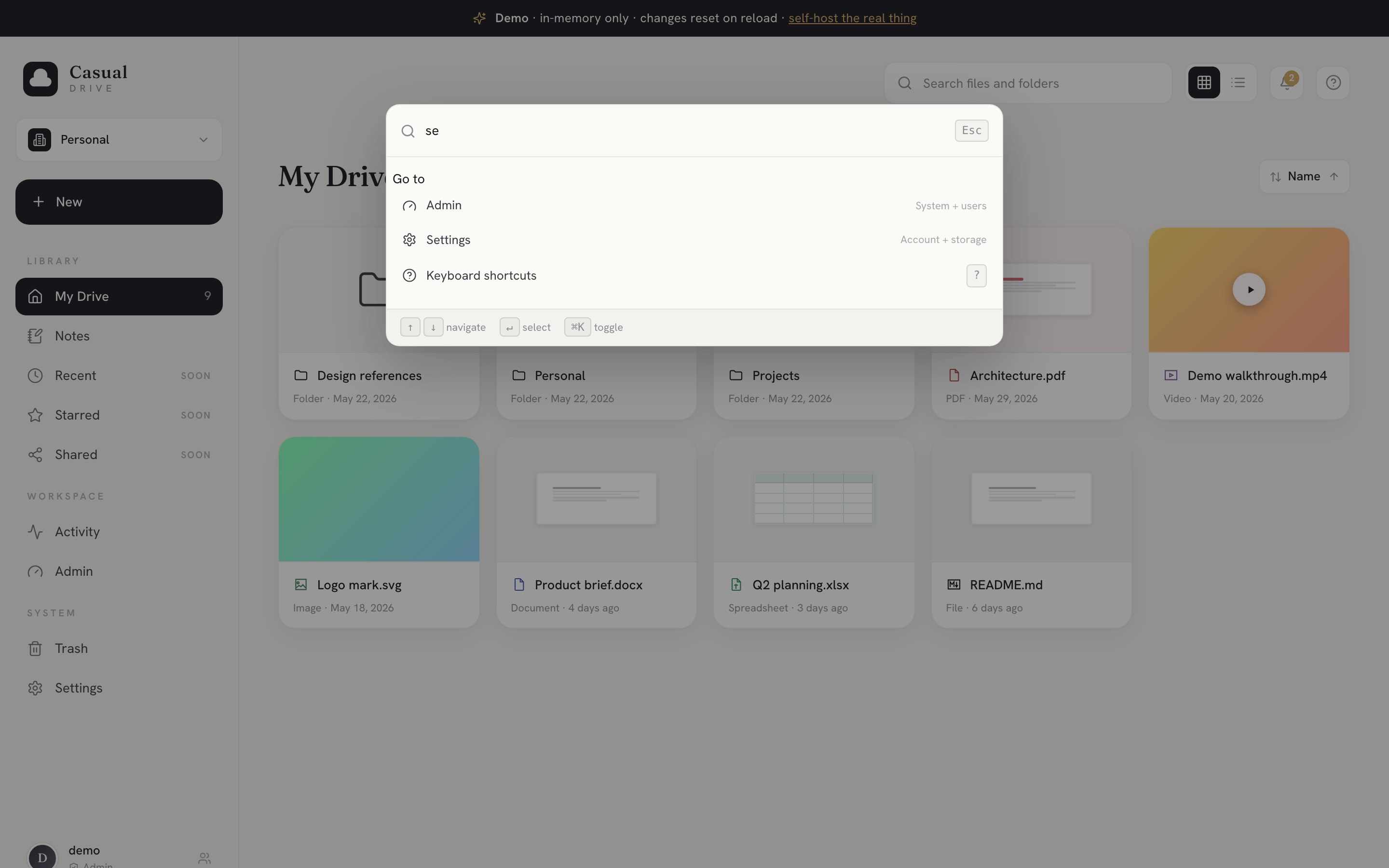 Cmd-K command palette — search files, notes, and navigation from anywhere