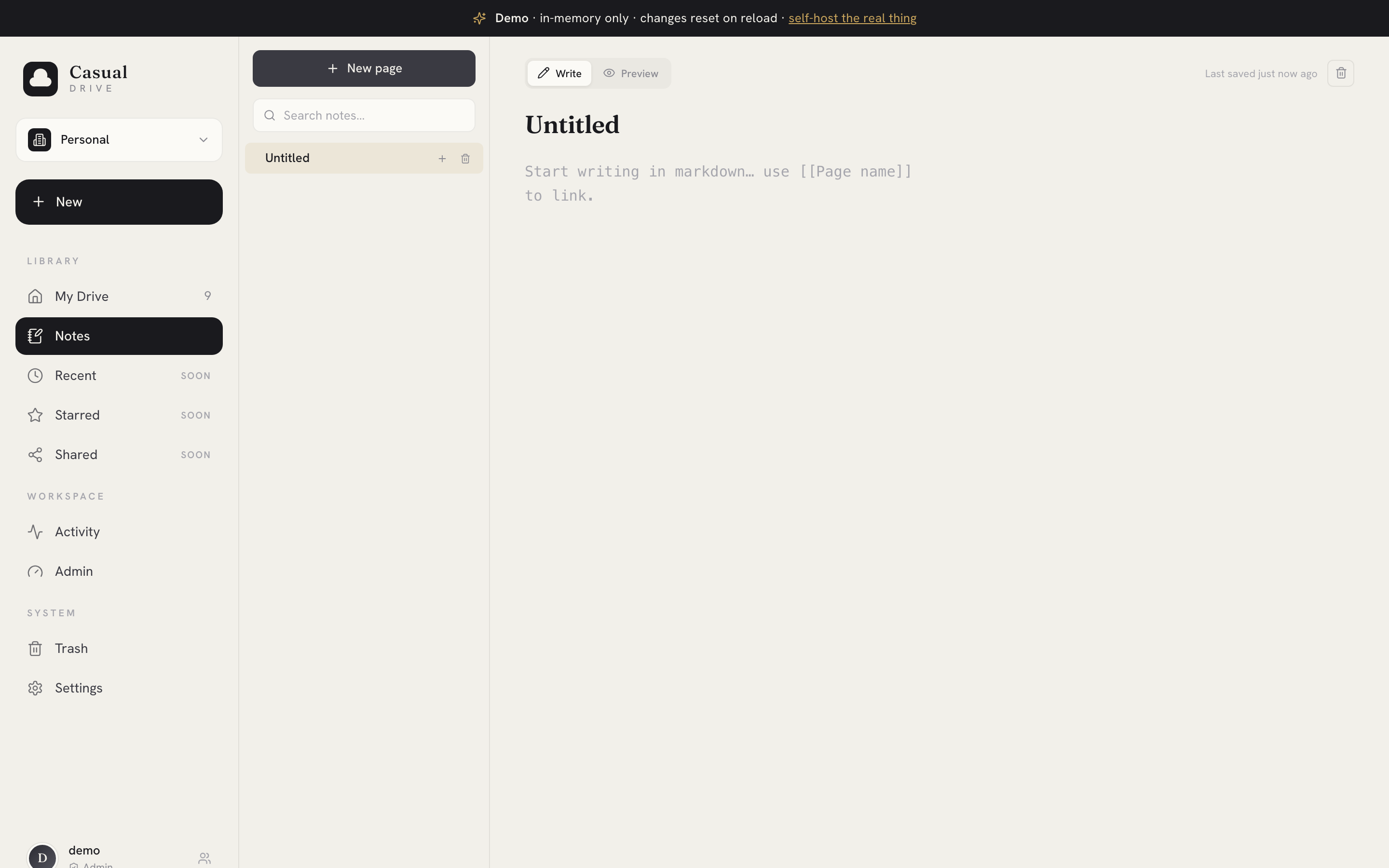 Notes / Wiki surface — page tree on the left and a markdown editor with live preview